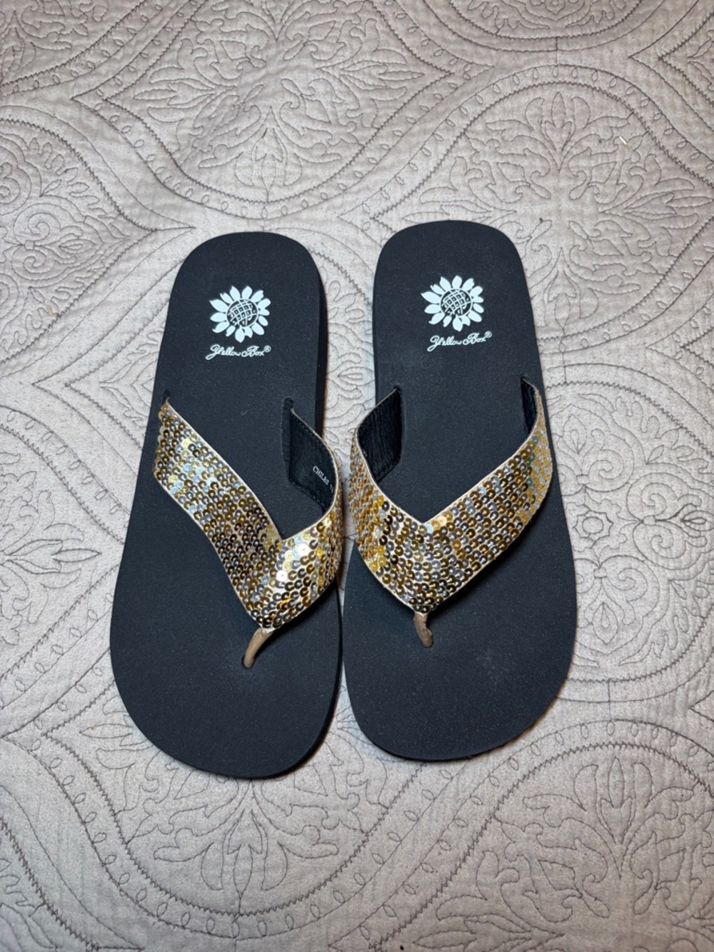 Yellow Box Gold Sequin Flip Flops Sizes 7.5